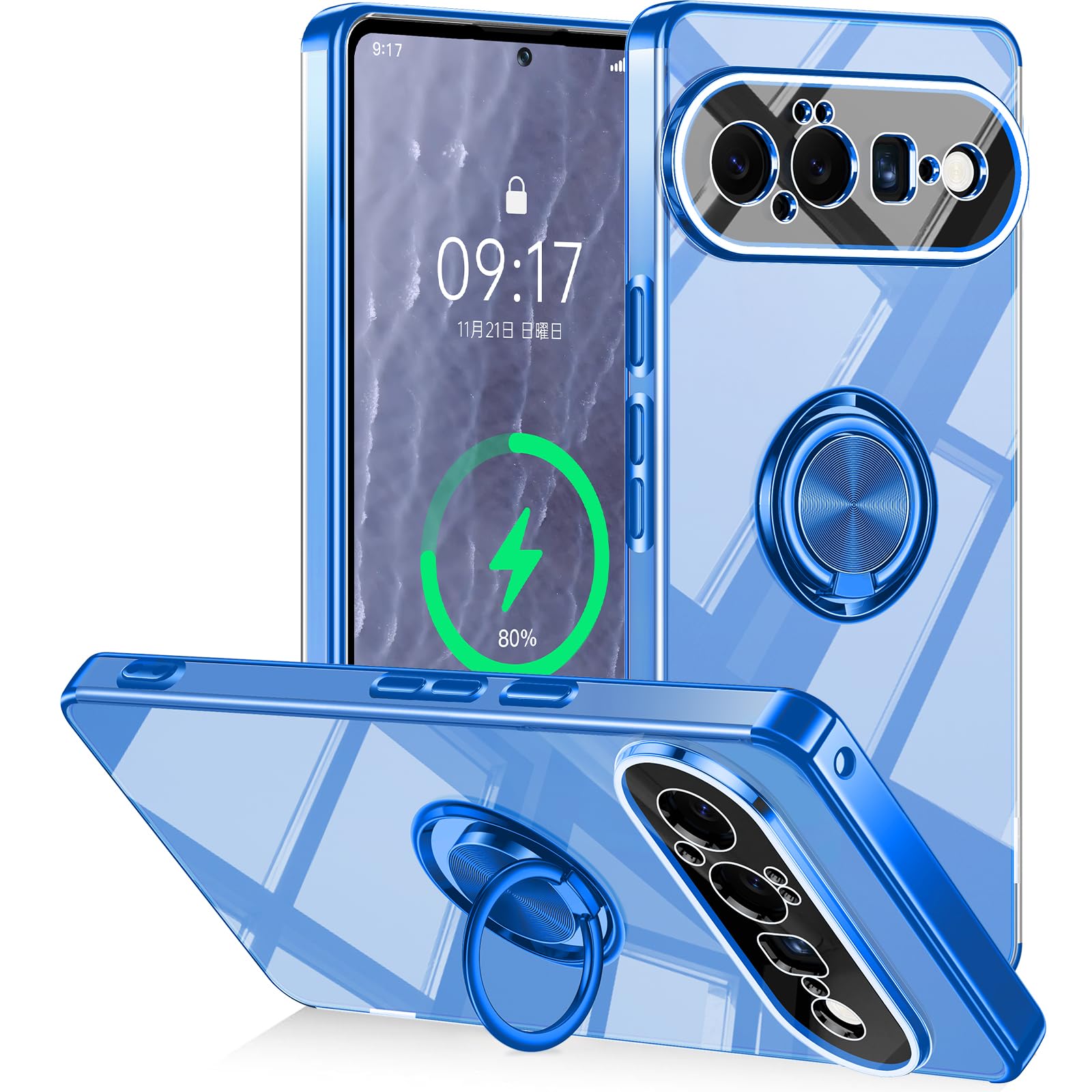 【360°回転リング付き·メッキ加工】Google Pixel 11 用 ケース ストラップホール付き レンズ保護 ソフト 軽量 薄型(ブルー)