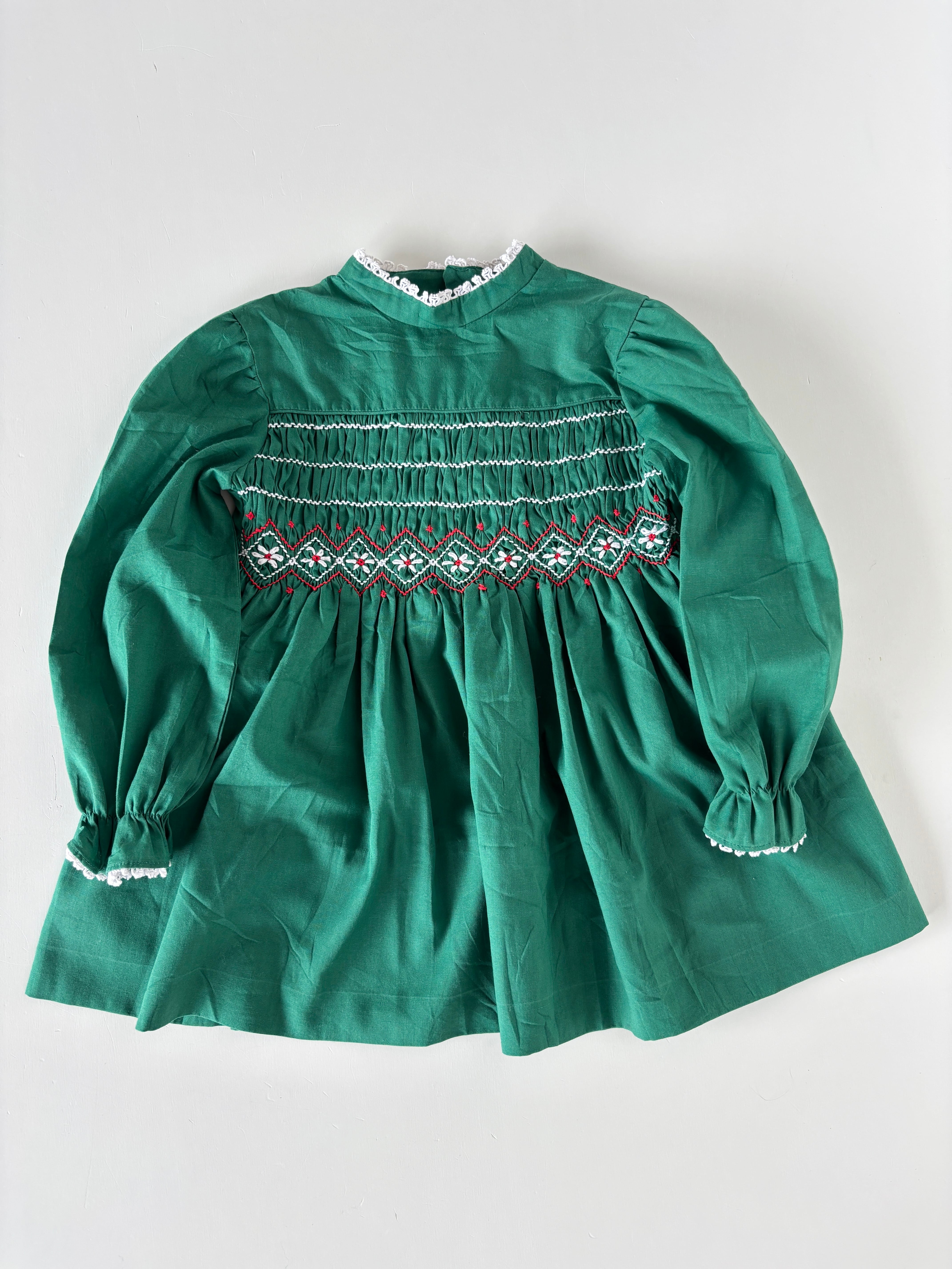 【2T相当・vintage】Green 刺繍dress