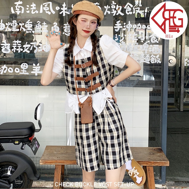 【REGIT】CEHCK BUCKLE VEST SET-UP-BLACK S/S 韓国服 セットコーデ セットアップ ベスト ボトム 短パン 夏 チェック柄 個性的 10代 20代 プチプラ 着回し 着映え ネット通販 ECX018