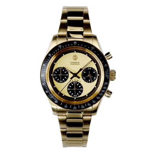 【OMEX】CHRONOGRAPH WATCH DENMA Vintage Model ゴールド×ゴールド(ブラックベゼル) メンズ 男性用 日本製ムーブメント 腕時計