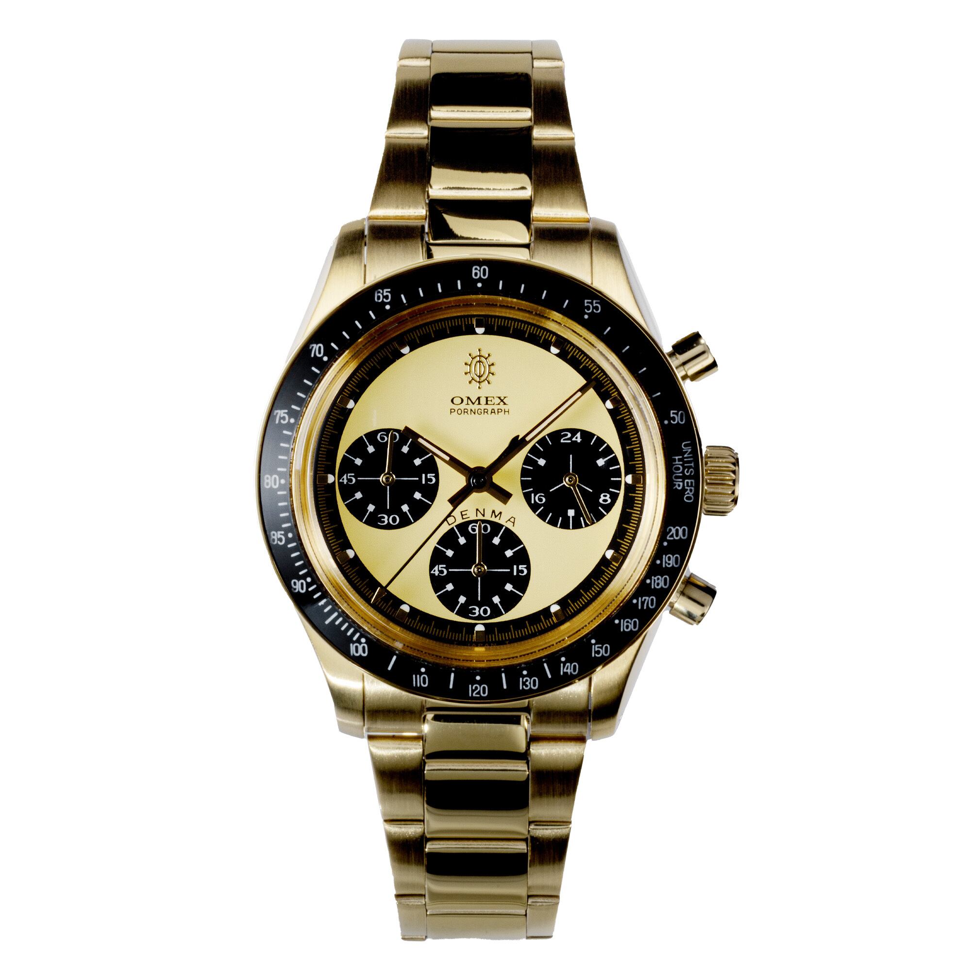 【OMEX】CHRONOGRAPH WATCH DENMA Vintage Model ゴールド×ゴールド(ブラックベゼル) メンズ 男性用 日本製ムーブメント 腕時計