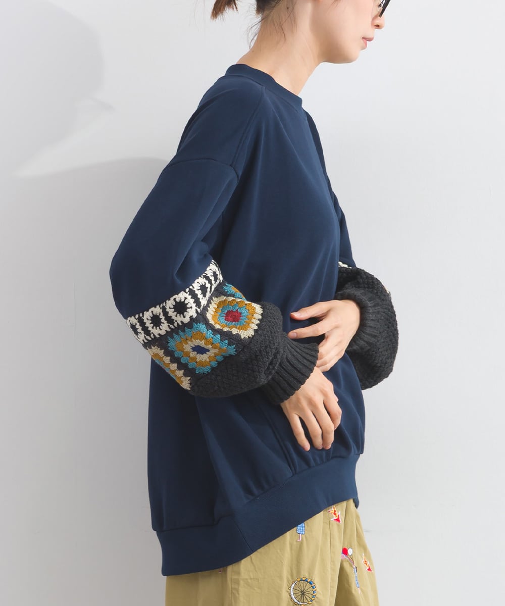 K53117 CT裏毛クロシェモチーフ袖切替スエットプルオーバー / K53117