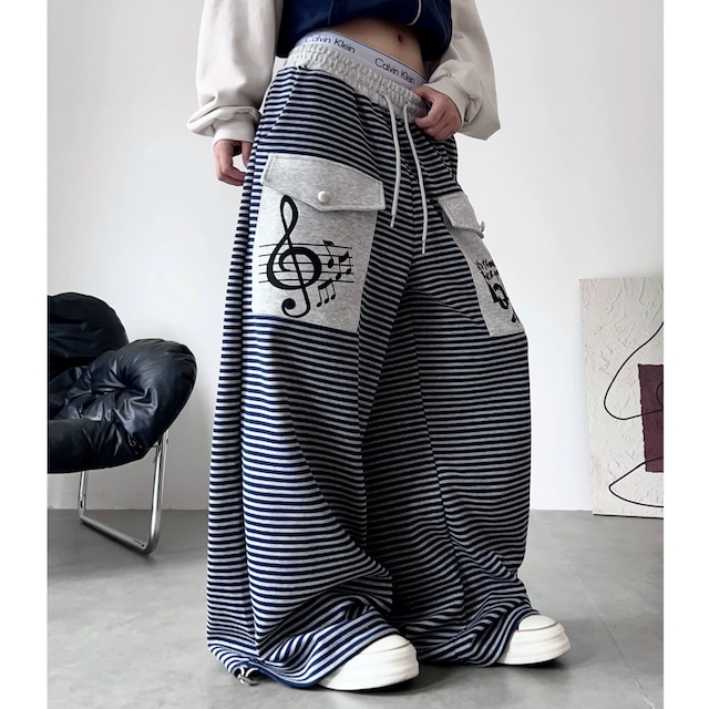 ミュージックグラフィックボーダーワイドシルエットパンツ 1col R02817