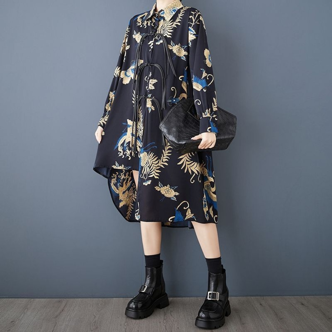 アシンメトリーヘム 紐装飾 ロングシャツ 00073