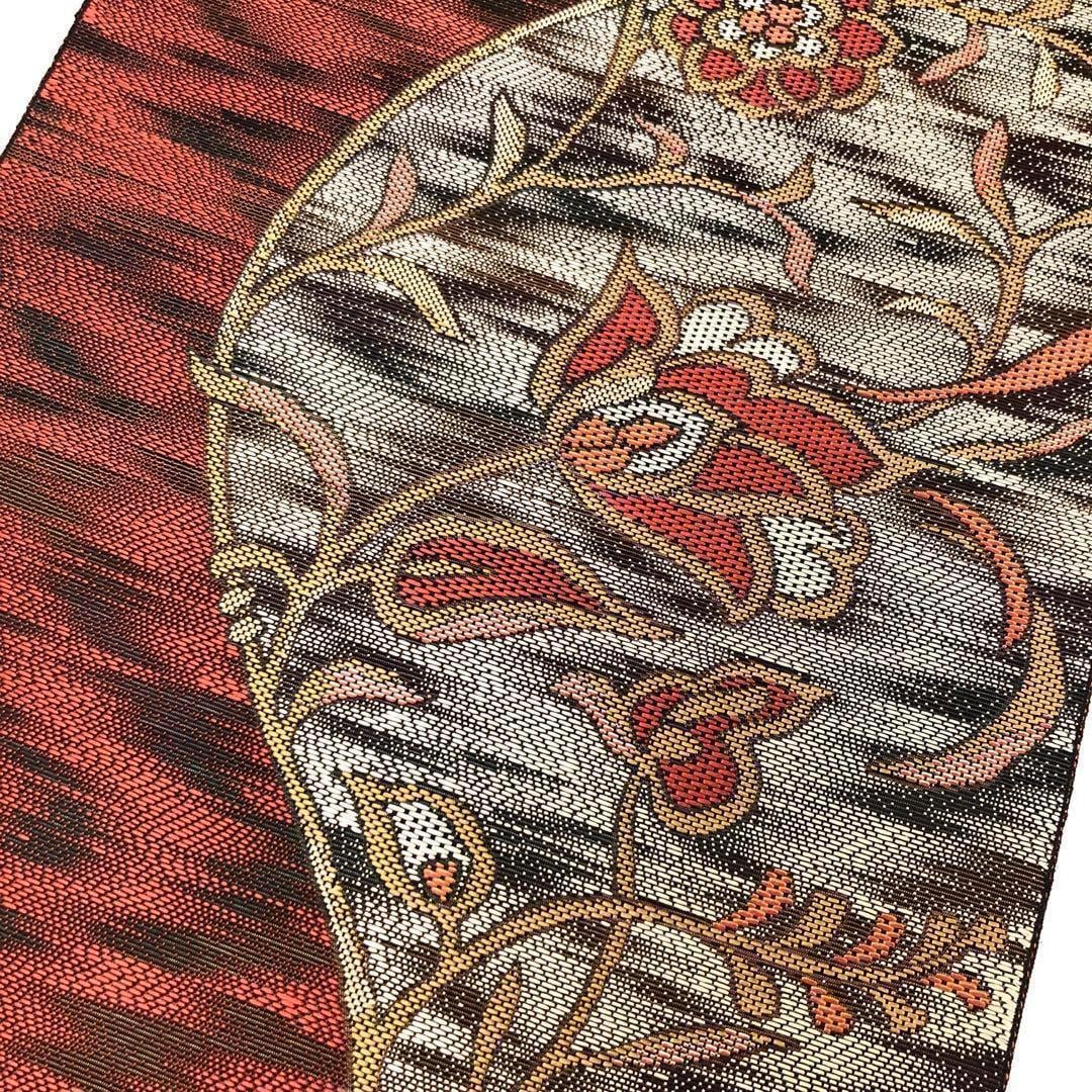 名古屋帯 塩瀬 型染 丸に花模様 染め柄 港煤竹色 O-4850 名古屋帯 塩瀬 型染 丸に花模様 染め柄 港煤竹色 O-4850