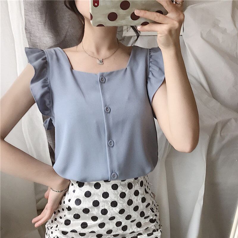 木製イヤベストシャツ女性2020年夏新しいシックな甘いシングルブレストノースリーブシフォンシャツトップ YY-ファッション47941271746