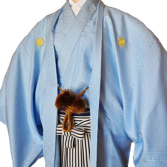 レンタル男性用【紋付袴】水色着物羽織と黒銀ぼかしの袴フルセット