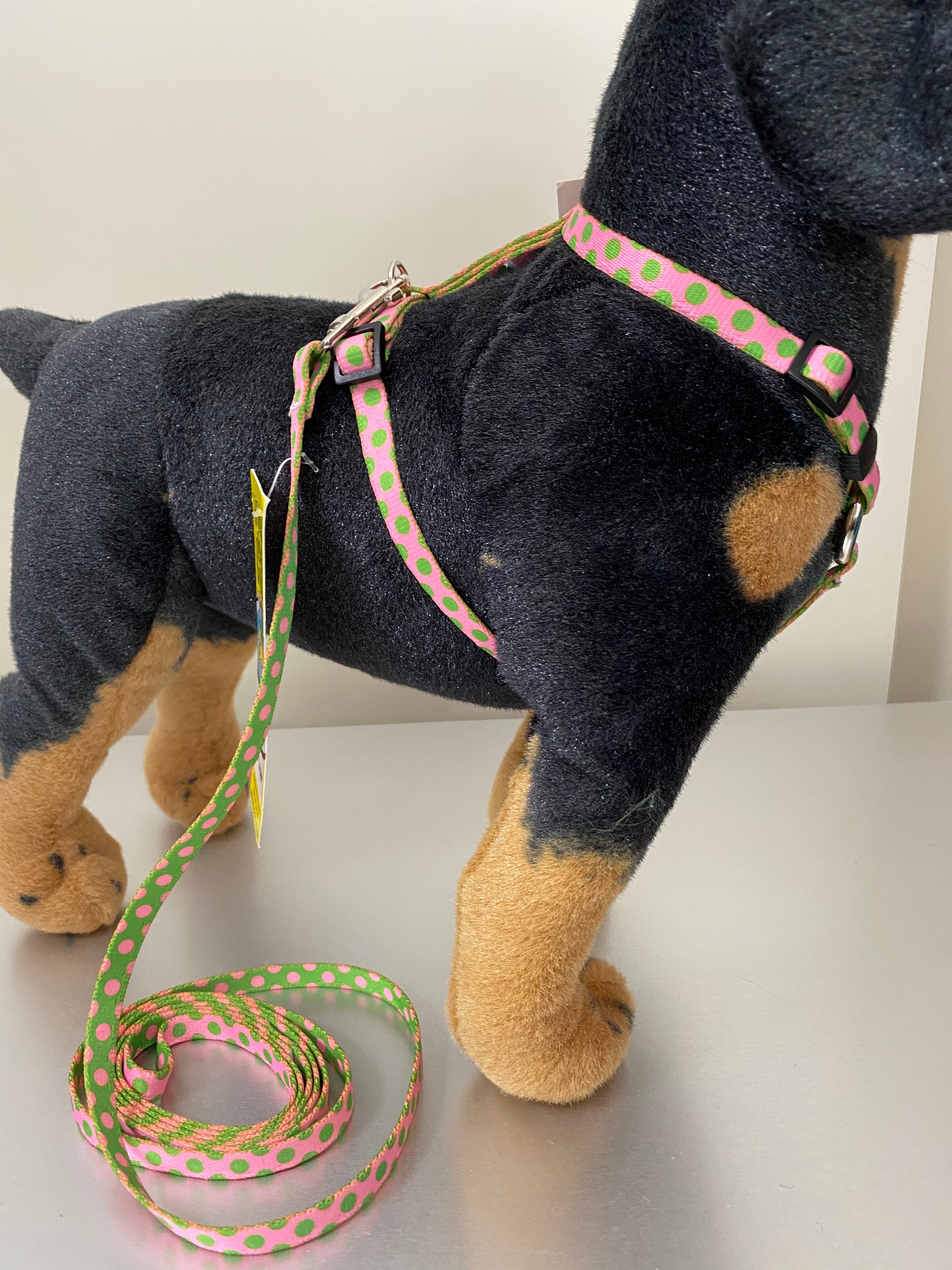 ピンク/グリーン水玉  ロマンハーネス＋リードセット XSサイズ - Yellow Dog Design