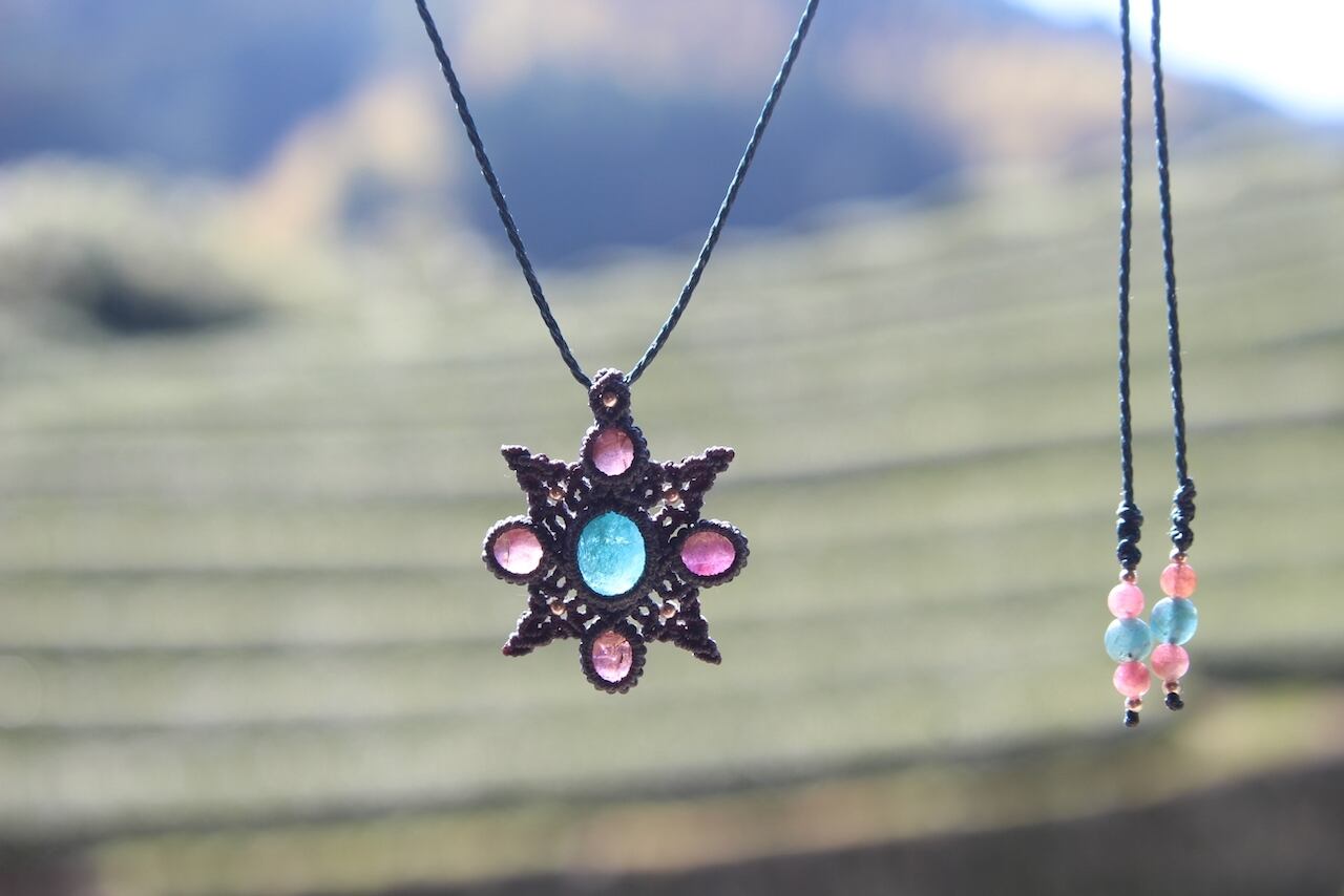 Blue Apatite & Pink Tourmaline micro macrame mandala pendant