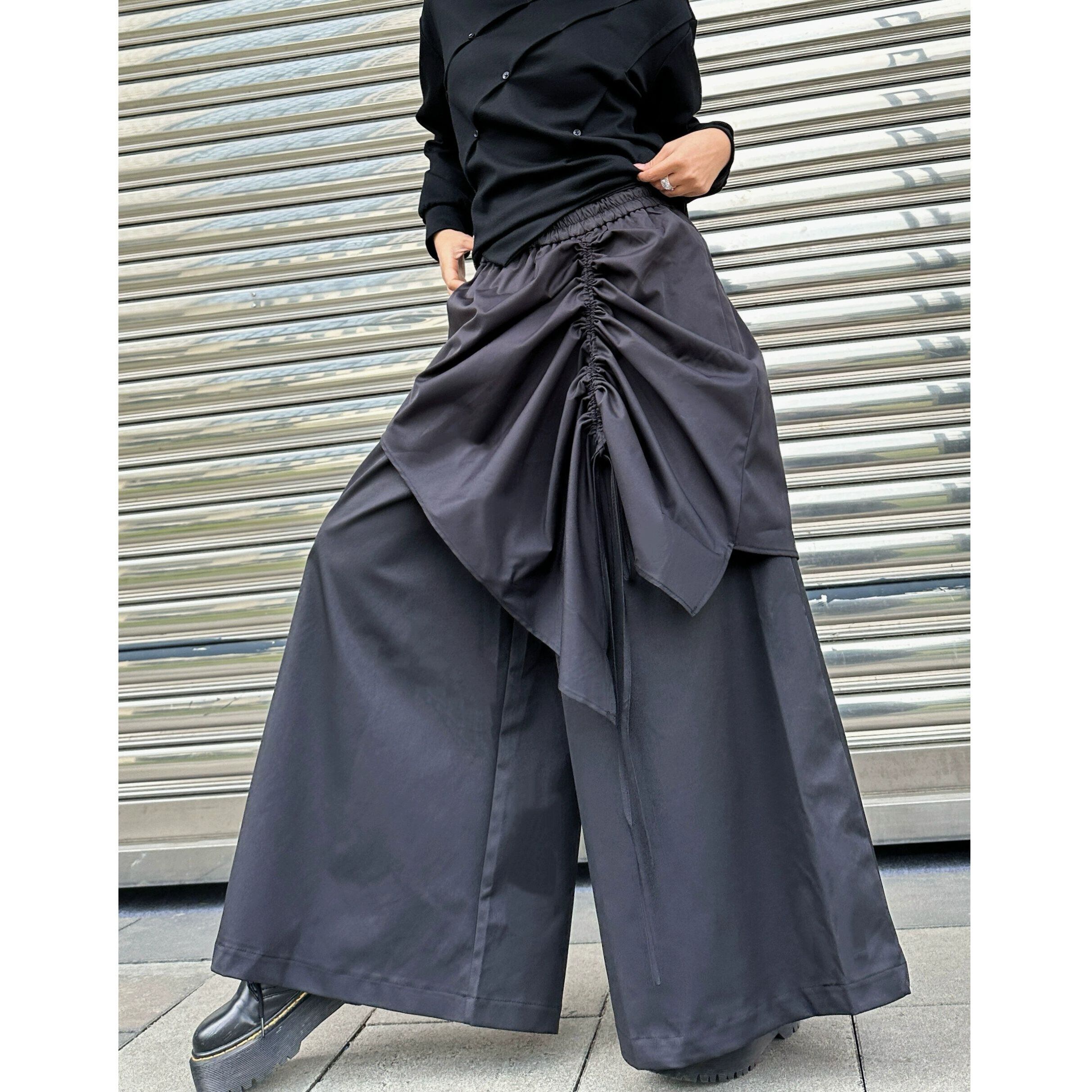 BLACK ELASTIC WAIST A-LINE WIDE LEG DESIGN PANTS 1color M-15225