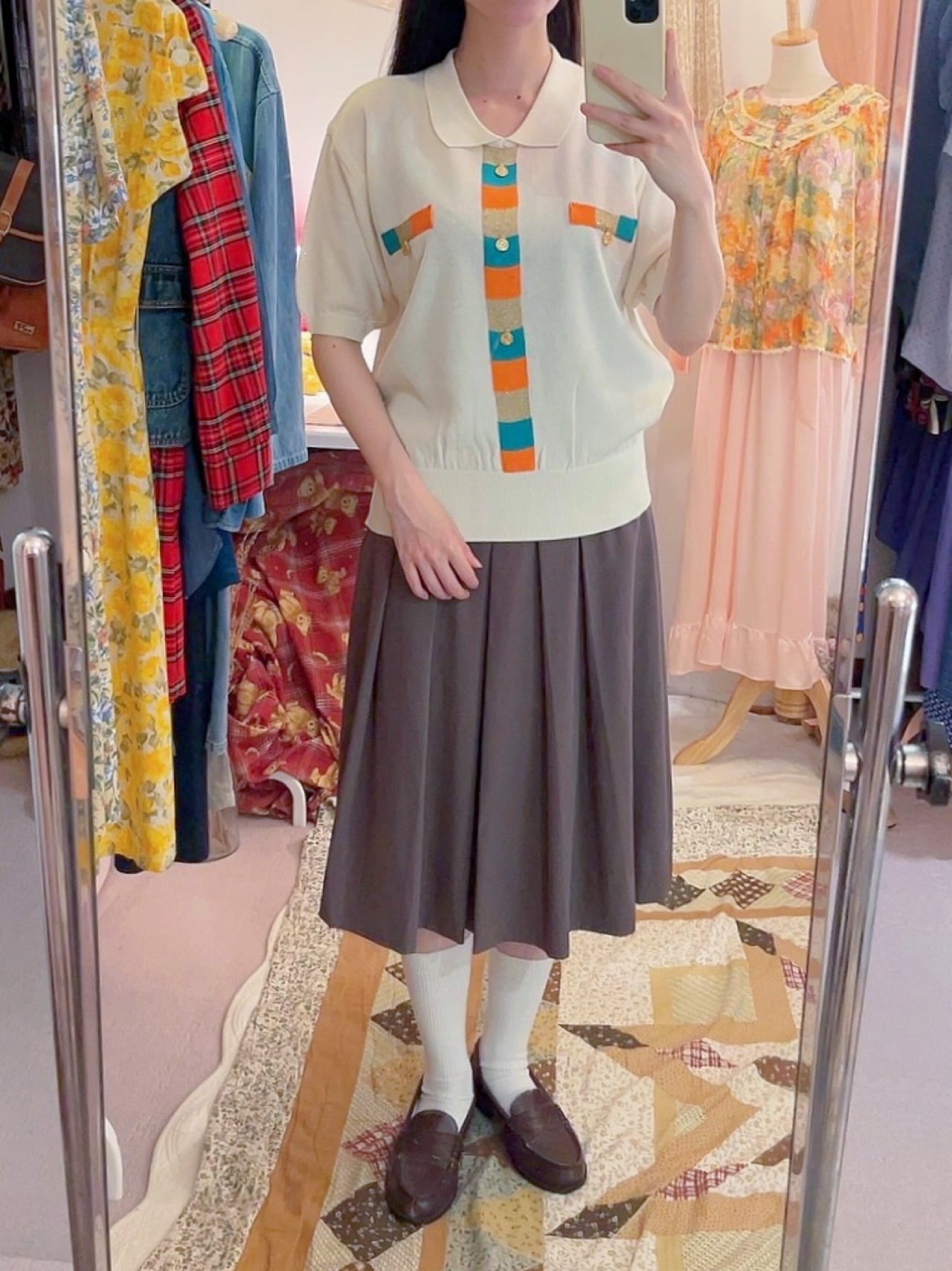 color block coin charm polo knit