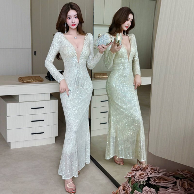 【3色】ロングドレス キャバドレス セクシー エレガント スパンコール ロングスリーブ おしゃれ パーティー JC2-ZED887237GT536