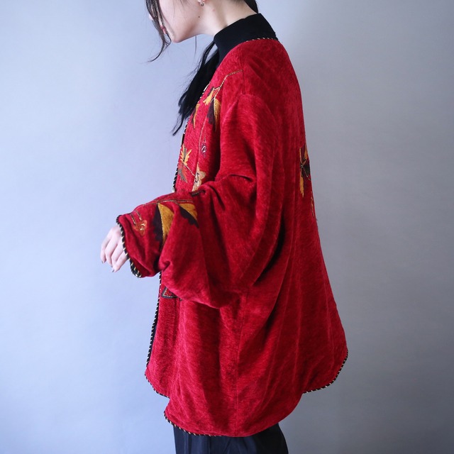 "刺繍×花" beautiful pattern super wide over silhouette no-collar jacket