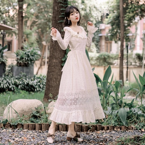 ワンピース マキシ丈 フリル レース 刺繍 Uネック 長袖 フリル袖 レトロ 清楚 女の子 ロリータ 森ガール かわいい ガーリー カジュアル ベージュ 秋 春夏 レディース　BADA0205