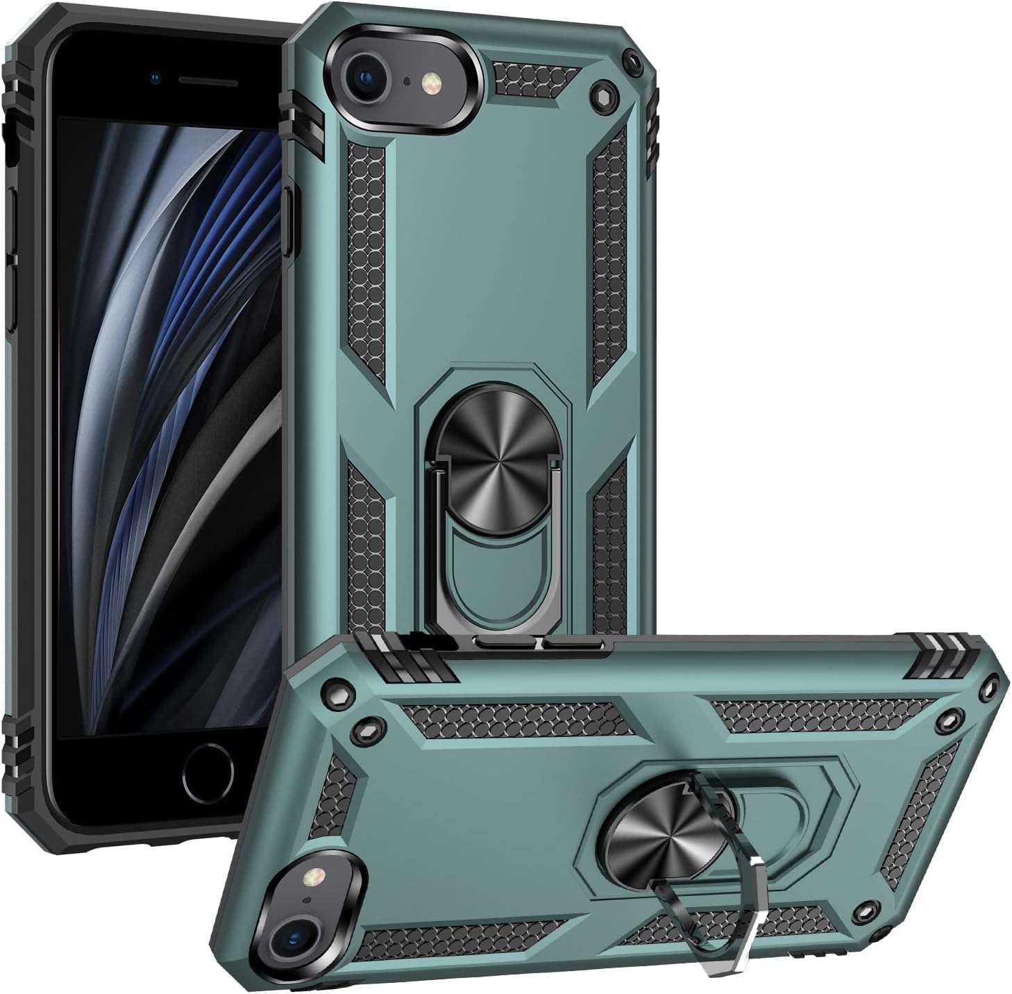 リングケース スマホケース iPhone7/8対応 iPhoneSE 第3世代/第2世代対応 米軍MIL規格取得 耐衝撃 薄型 軽量 アイフォン se 第3世代 対応 リング付き 360度回転 スタンド機能 (ダークグリーン)