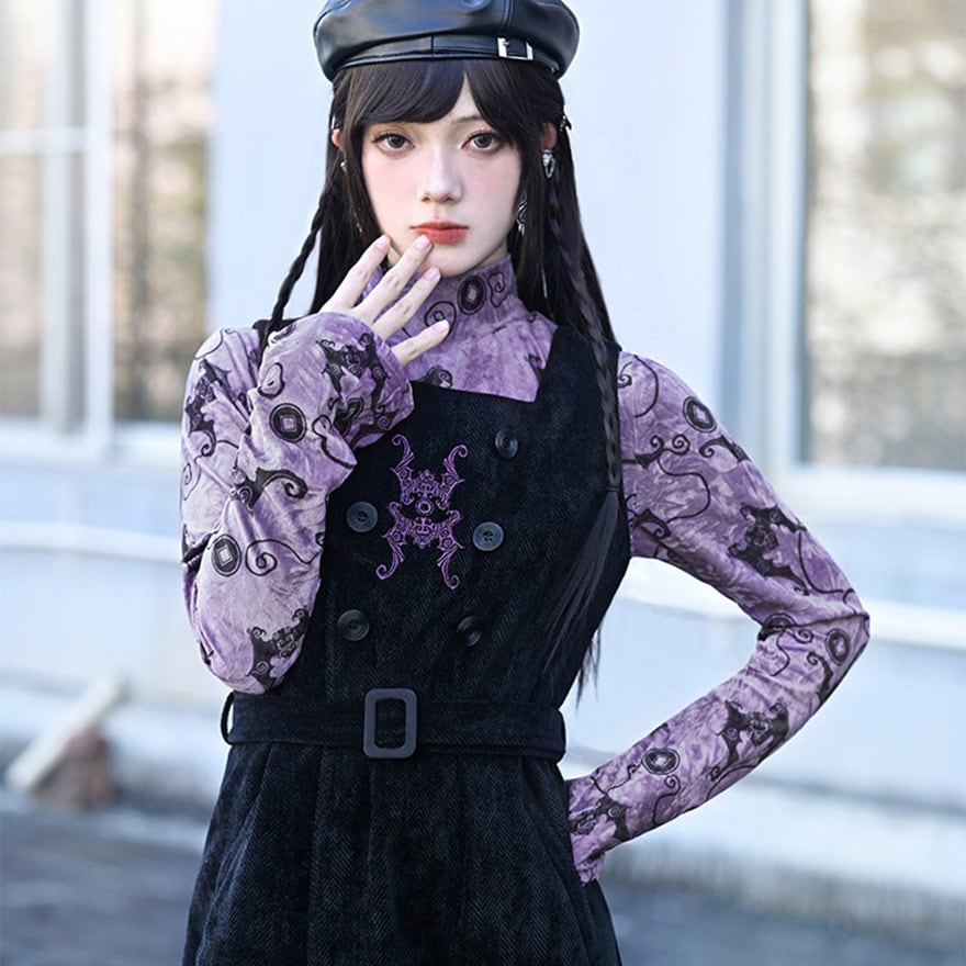 ヒステリックス　チャイナ服　コウモリ柄　半袖カットソー　y2k F 古怪舎 チャイナサブカル トップス コウモリ柄 ベルベット風 パープル