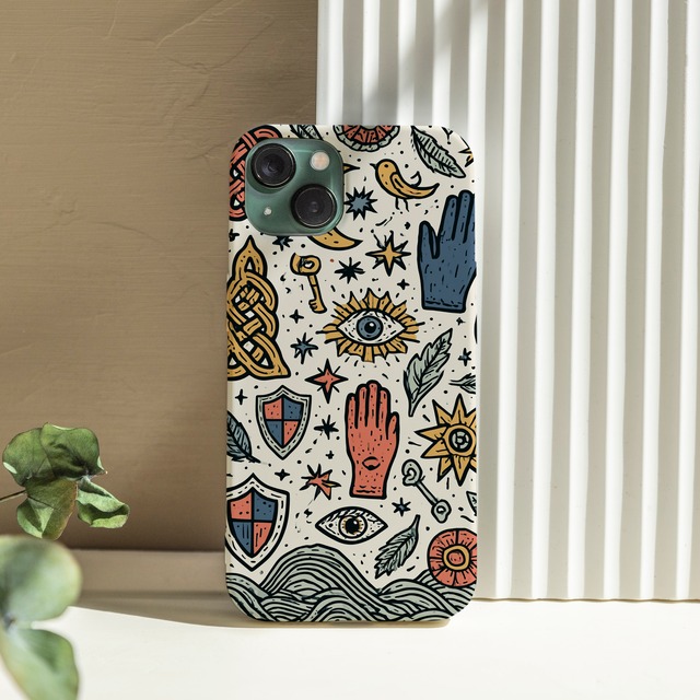 受注生産 iPhoneケース 目と手の白背景タリスマン｜魔除けアート TALM079C