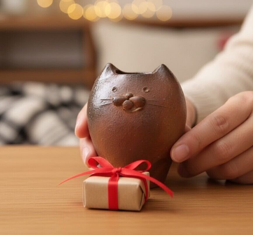 備前焼 花瓶 猫型 花入れ 一輪挿し◇登り窯焚き 作家 山村富貴子 24