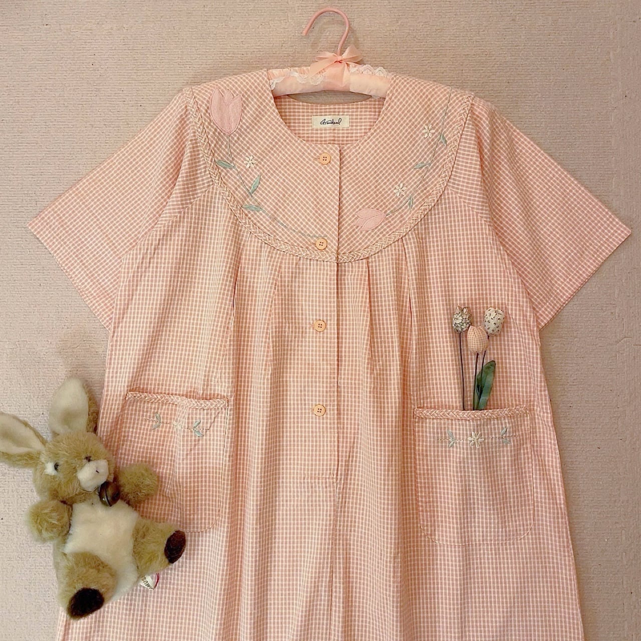 orange gingham check flower one-piece