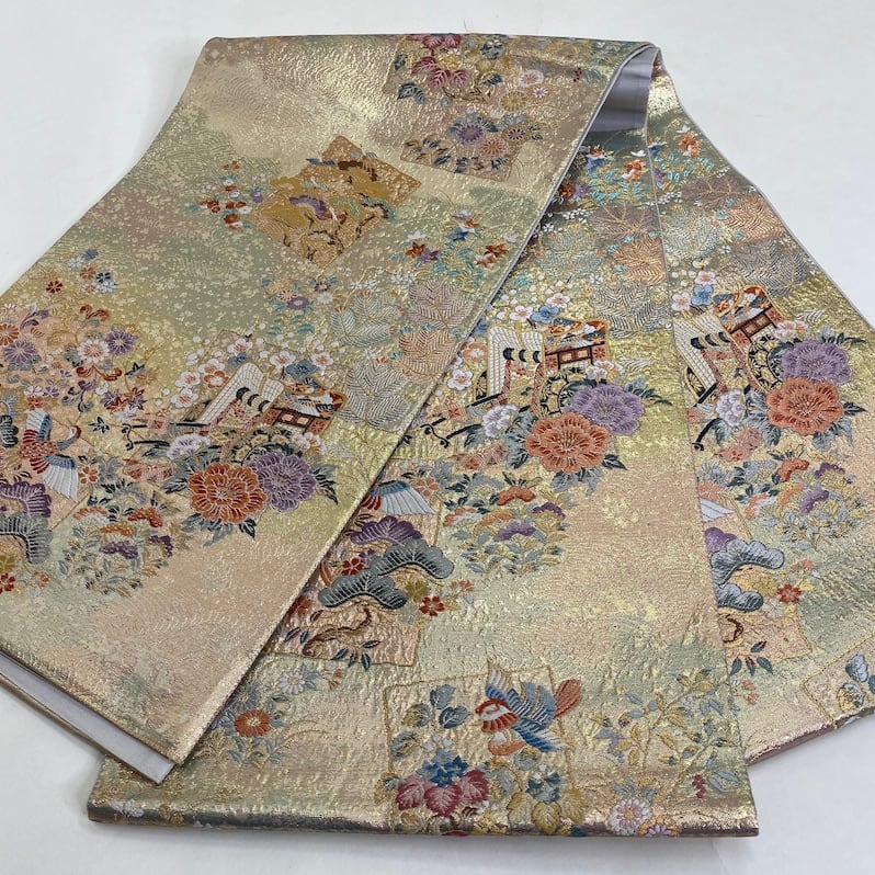 【袋帯】中古 帯 礼装 正絹 結婚式 入学式 卒業式 リサイクル ベージュ 白 紫 オレンジ   426cm   G521 袋帯】中古 帯 礼装 正絹 結婚式 入学式 卒業式 リサイクル ベージュ