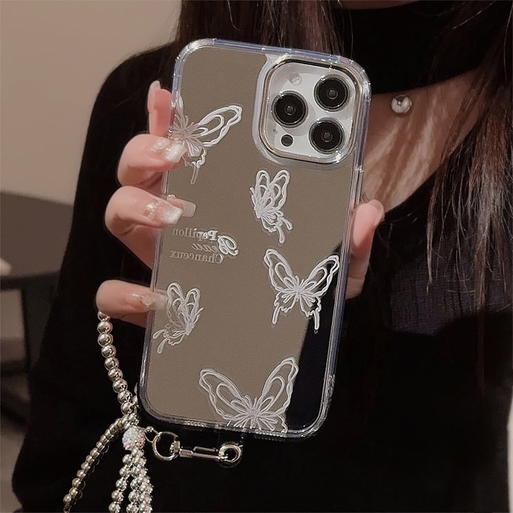 iPhone16対応】蝶が舞うケース◎高級感 背面ミラー バタフラー