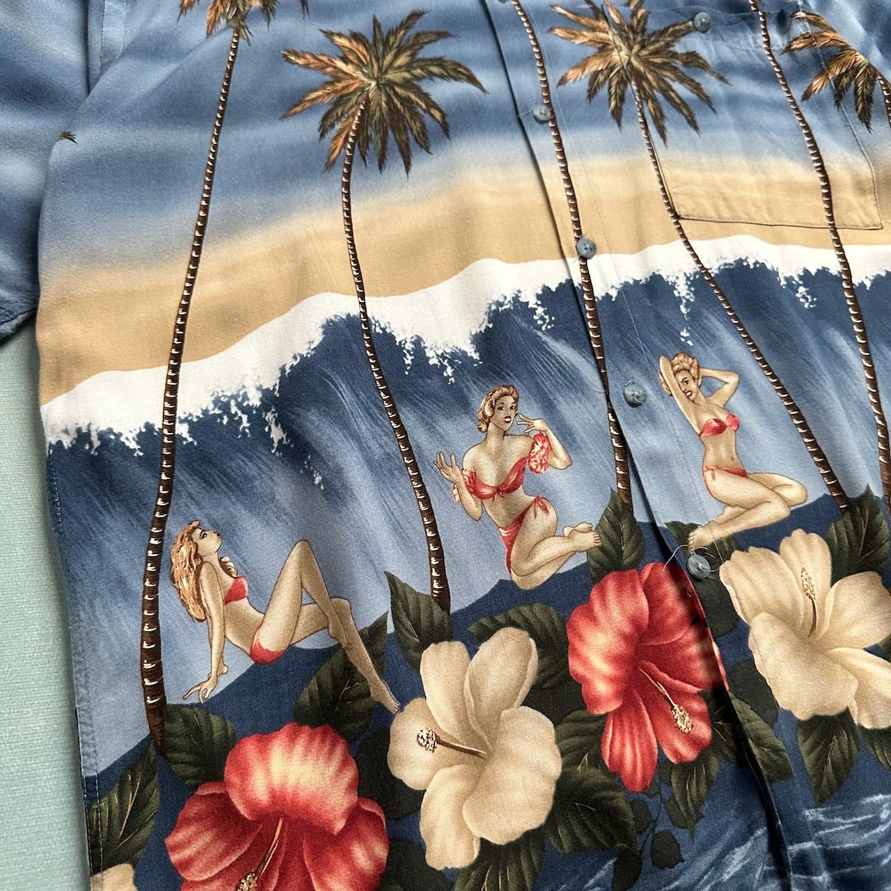 CAMPIA MODA レーヨン アロハシャツ ヤシの木 半袖シャツ ネイビー L