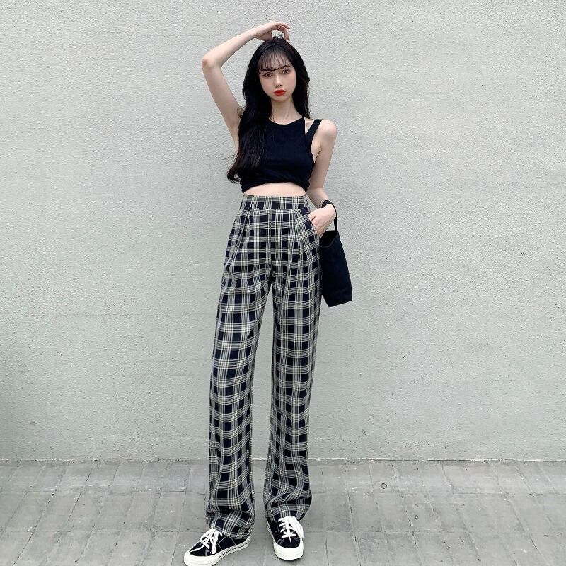 格子柄カジュアルパンツ ハイウェストウェストルーズサマースタンダード薄手 レトロ 夏物 ブラックストロベリース3430005336