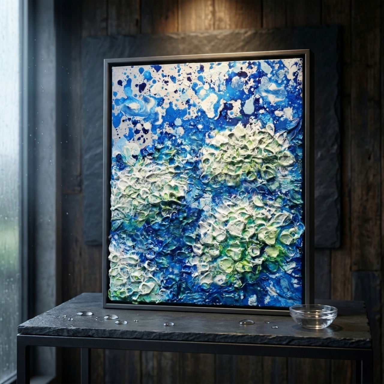 初夏の雫】3Dテクスチャーアート / 紫陽花カラーのモダン油絵