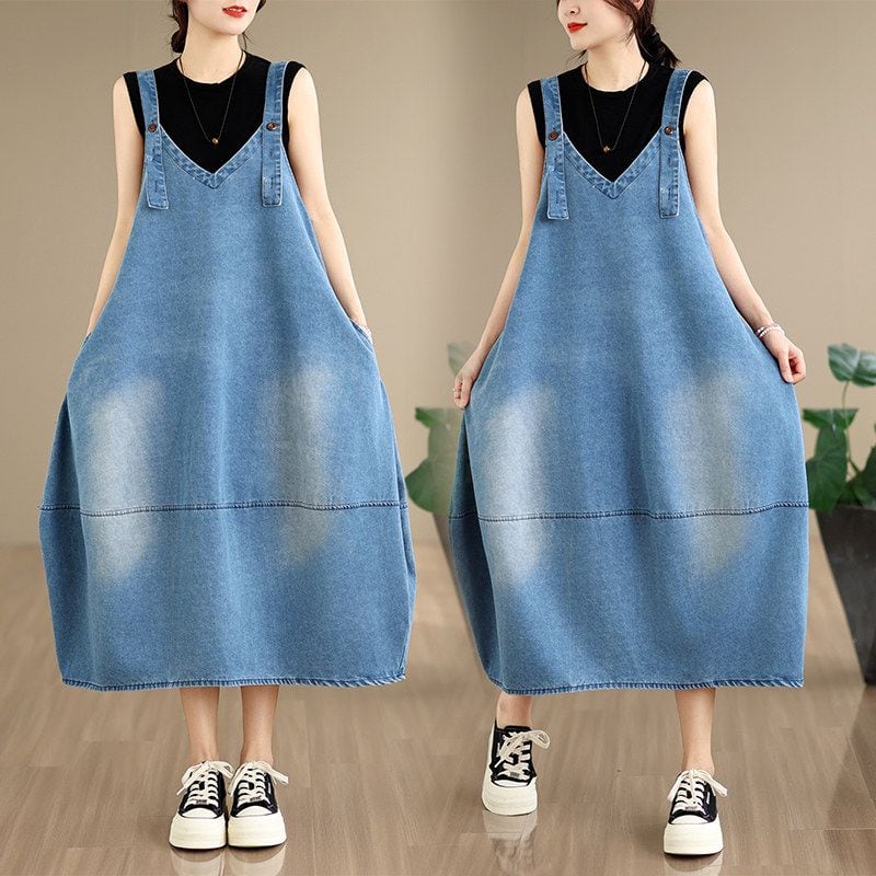 WASHED DENIM SLEEVELESS MIDI OVERALL DRESS M-17333