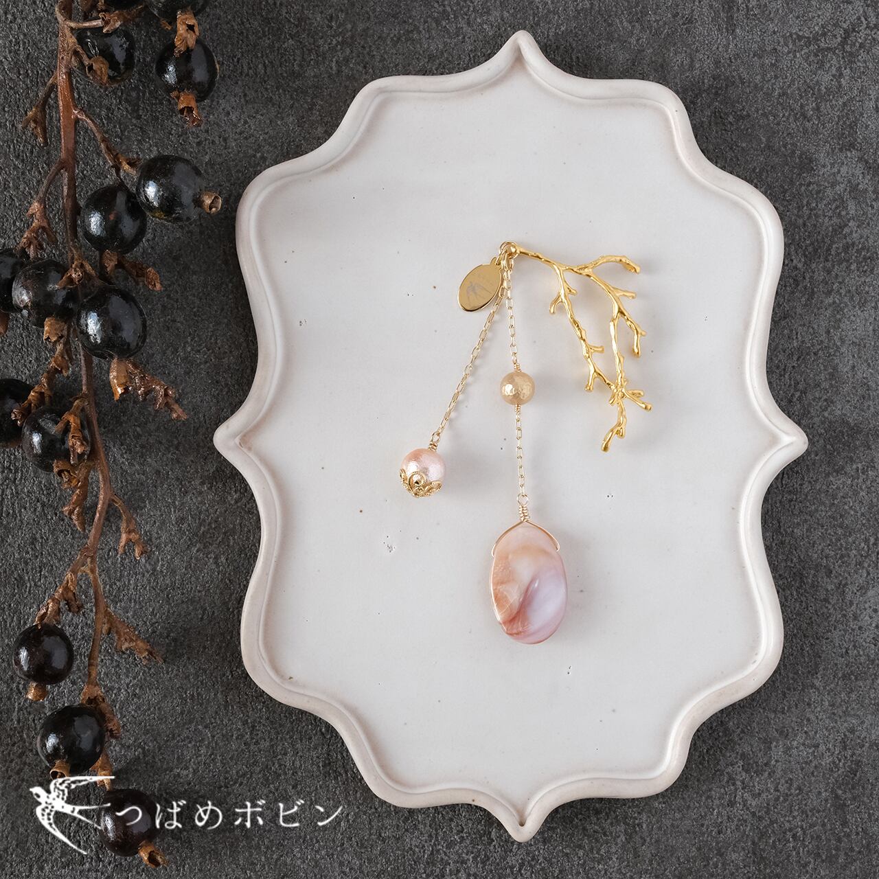 天然石とパールの帯飾り《ピンクシェル/E》