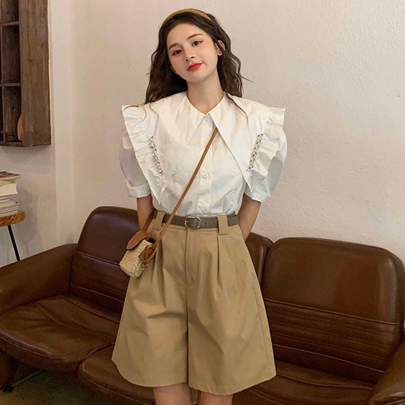 ホワイトカラーシャツ サマースリーブショートトップス 大人ガーリー スウィート キュート カジュアル 夏物 YY-ファッション44540852878