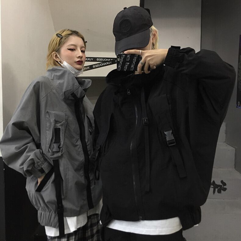 カジュアル ストリート ハイネック ジャケット パーカー レディース アウター ウィンドブレーカー グレー ブラック 灰 黒 無地 ジッパー ポケット ゆったり ルーズ 体型カバー 脚長効果 ゆるカジ スポーティー シック メンズライク オーバーサイズ 男ウケ 楽ちん モテ