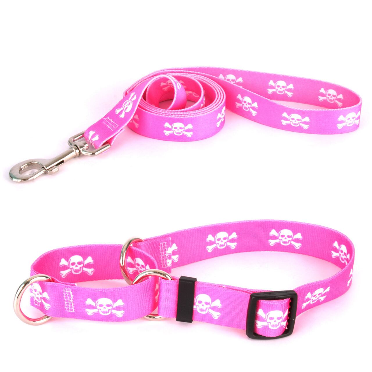 ピンク/白ドクロ  チョーカー＋リードセット　Lサイズ - Yellow Dog Design