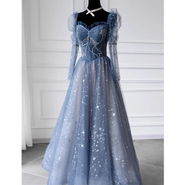 リボンチュールロングスリーブドレス　D1214