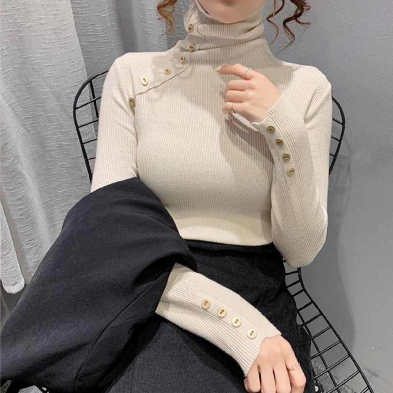 ゴールド ボタン ハイネック トップス/3color 3412516