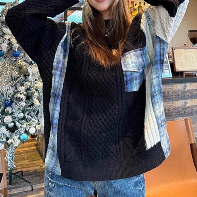 チェックミックスパッチワークニット　R01308