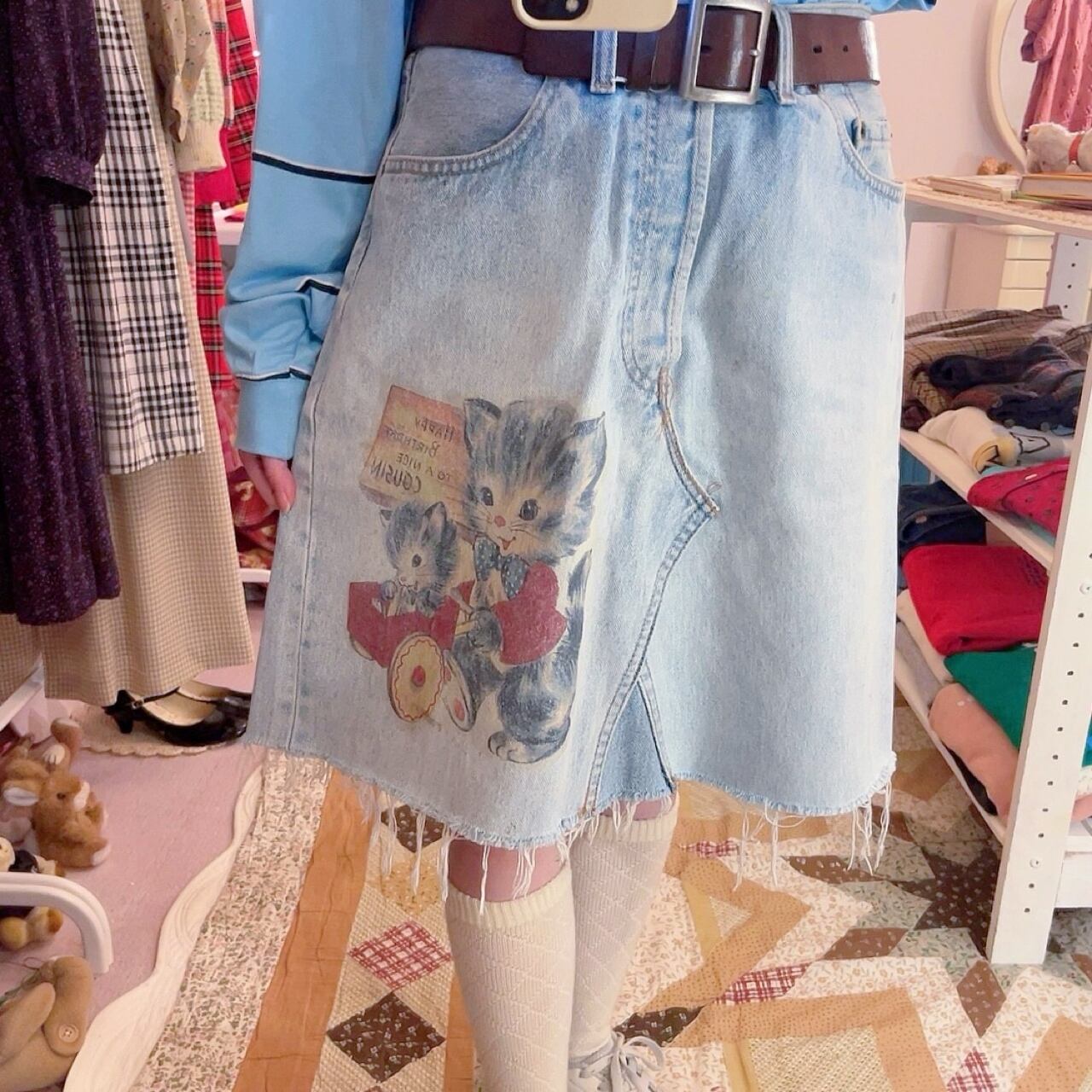 cat printed denim skirt