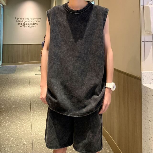 【予約販売】メンズ セットアップ 無地 シンプル ノースリーブ ハーフパンツ ブラック スエット ケミカル カジュアル 部屋着 カジュアル パンツ セット ジャージ ジム スポーティー ダンス ジム 韓国 トレンド 大きいサイズ M/L/XL/2XL