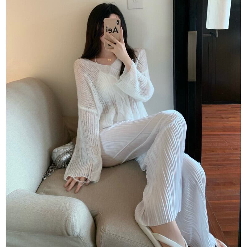 オータムルーズホワイトニットトップス レッドハイウェストウェスト薄手パンツ 秋物 ガールズファッション68416543450