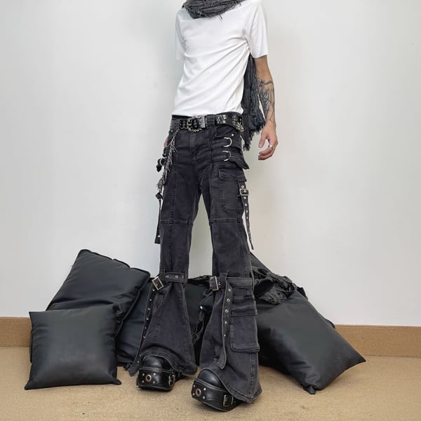 ボンテージストラップウォッシュドブラックフレアデニム(ruf_02515)