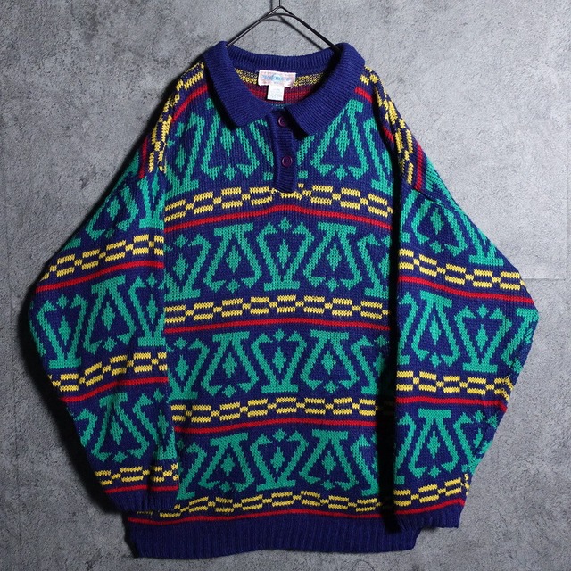 Multicolor geometric pattern design knit polo shirt
