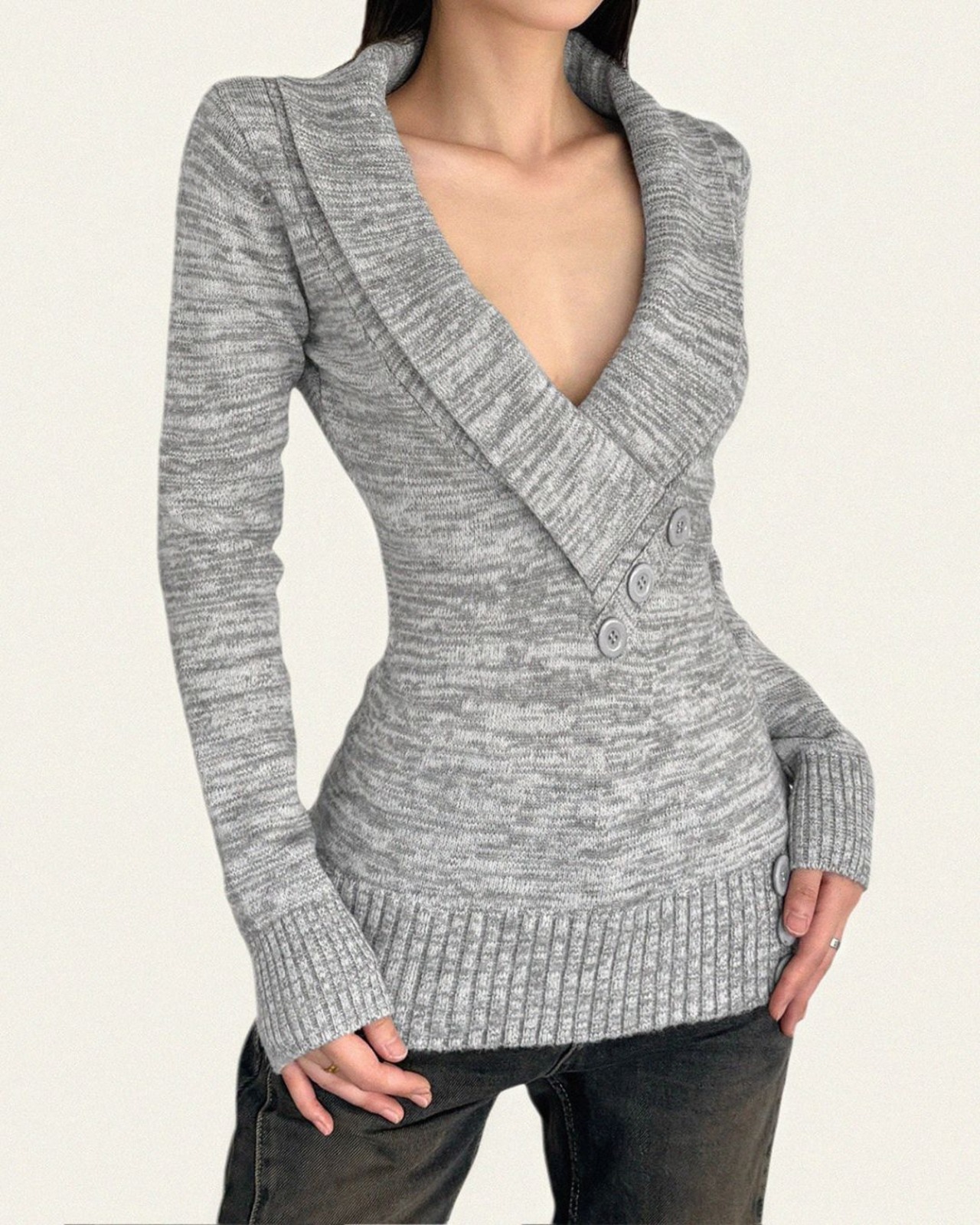 ディープVネックボタンリブニット A0845 - 1