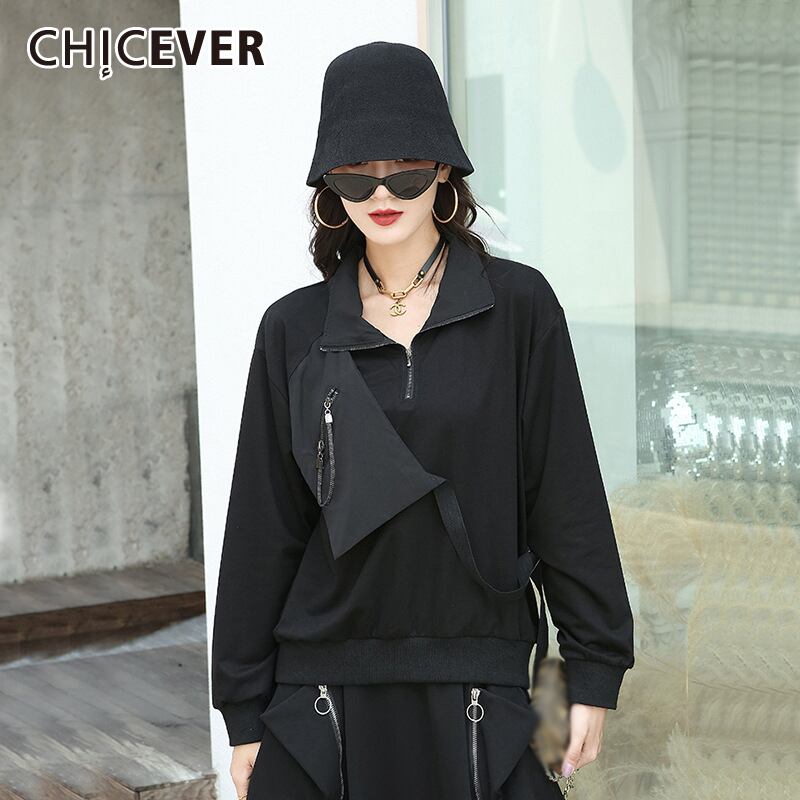 CHICEVERブラックスウェットシャツレディースラペル長袖パッチワークポケット特大ストリートウェアプルオーバー2020タイド ロング 6base540237915230