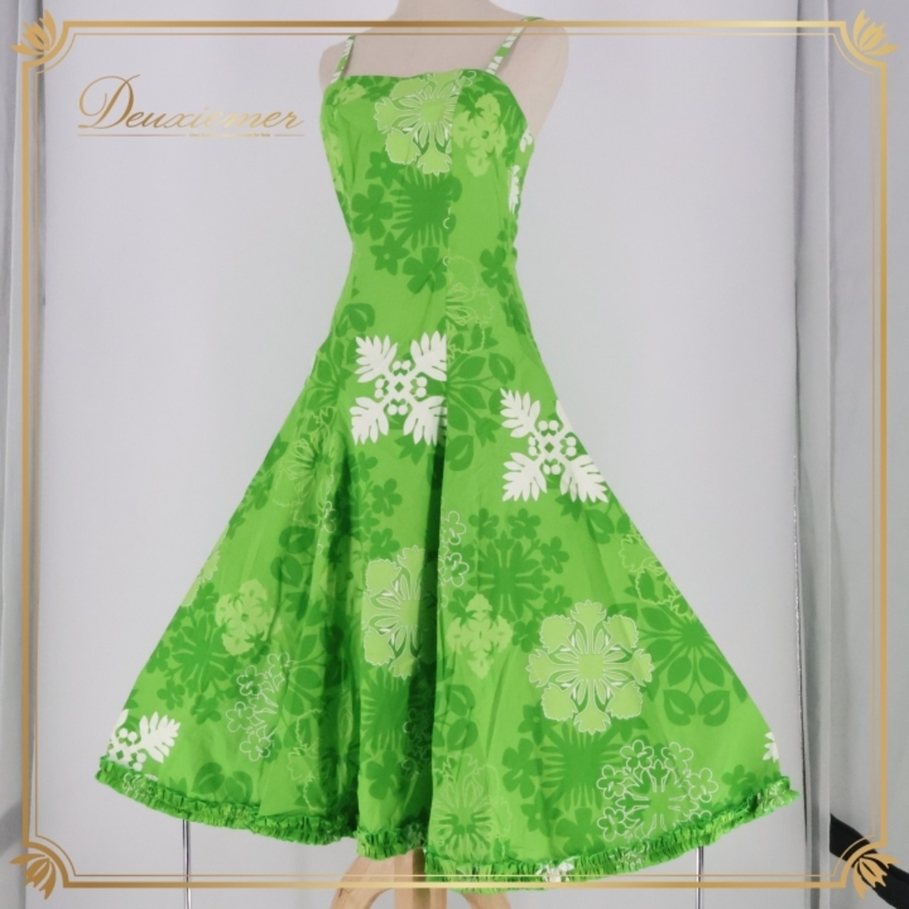 フラダンス 衣装 ワンピース ドレス パンドール グリーン系 Paondor 日本製 キャミソールドレス フリル 花柄 かわいい 華やか 鮮やか 明るい 爽やか 緑 白 ハワイアン アロハ ハワイアンプリント フラ ダンス レッスン 練習 レディース おしゃれ