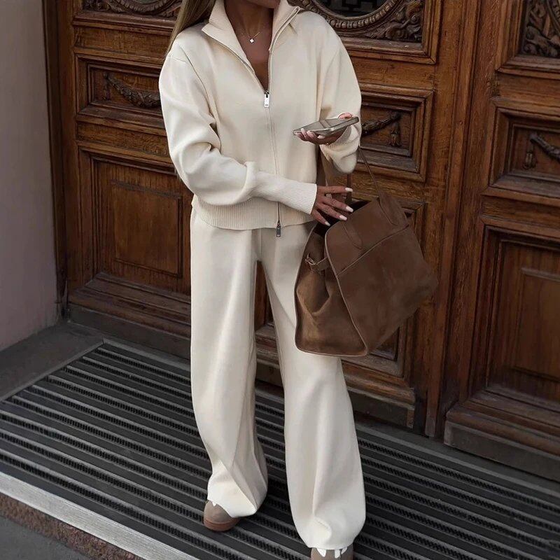 女性用ニットトラックスーツ,カジュアルカーディガンとパンツ,スタンドアップカラー,ワイドレッグパンツ,ジッパーコート,2ピース,春と秋