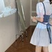 【2点セット】2色/デニムビスチェ+パフスリーブティアードフレアシャツワンピ ・78486