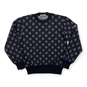 希少 レア FILA フィラ 80s 90s ヴィンテージ 総柄 ニット セーター 46 /ネイビー系 イタリア製 ウール100% レトロ スポーツ/男女でも