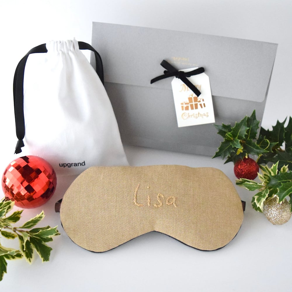 お名前刺繍アイマスク|ソフトデニム|ベージュ|収納ポーチ付|無料クリスマスラッピング有