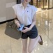 【2点セット】ロールアップスリーブハーフボタンブラウス＋ショートパンツ ・78050