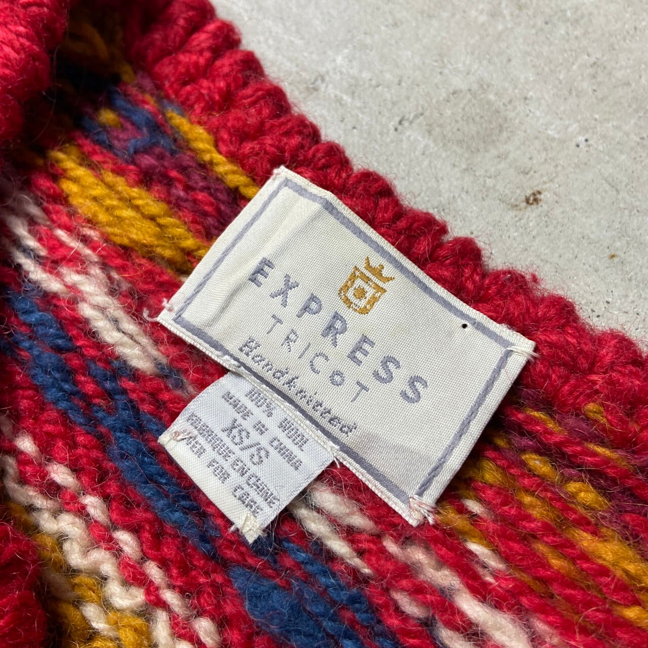 EXPRESS TRICOT ハンドニット 総柄 ウール カーディガン レディースS 
